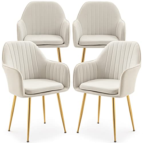 AVAWING Modern Living Dining Room Accent Arm Chairs Set of 4, Velvet Mid-Century Upholstered Seat Club Guest with Golden Legs, Light Beige