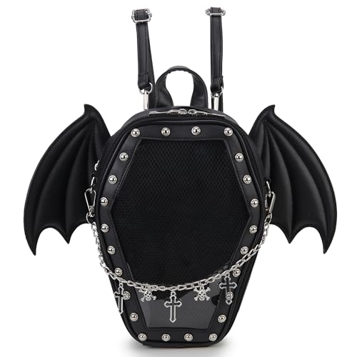 ENJOININ Gothic Coffin Shape Purses and Handbags for Women Halloween Shoulder Bag Ita Backpack Purse with Wings 2 Way
