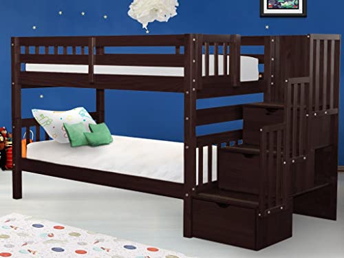 Bedz King Stairway Bunk Beds Twin over Twin with 3 Drawers in the Steps, Dark Cherry