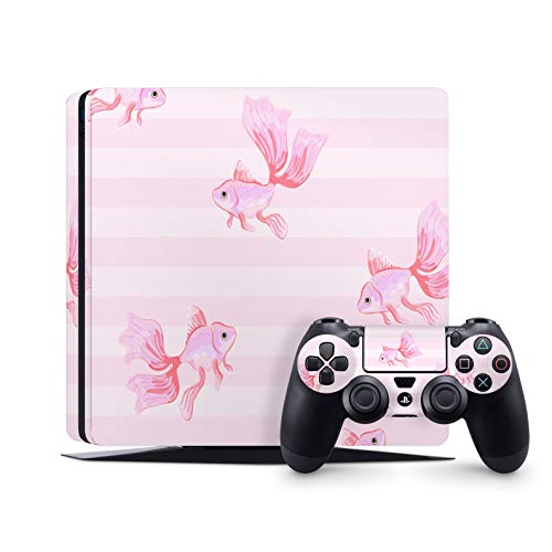 ZOOMHITSKINS PS4 Slim Skins, Sweet Cute Fish Sushi Ocean Oriental Lines Orient Garden Light Colored, Durable, Bubble-Free Goo-Free, 2 Controller Skins 1 Console Skin Set, Made in USA