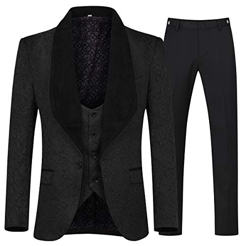 YFFUSHI Men's 3 Piece Suit Slim Fit Jacquard Tuxedo One Button Shawl Collar Jacket Vest & Trousers Black