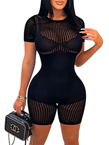 ZileZile Women's Sexy See Through One Piece Outfits Jumpsuit Short Sleeve Hollow Out Romper Black