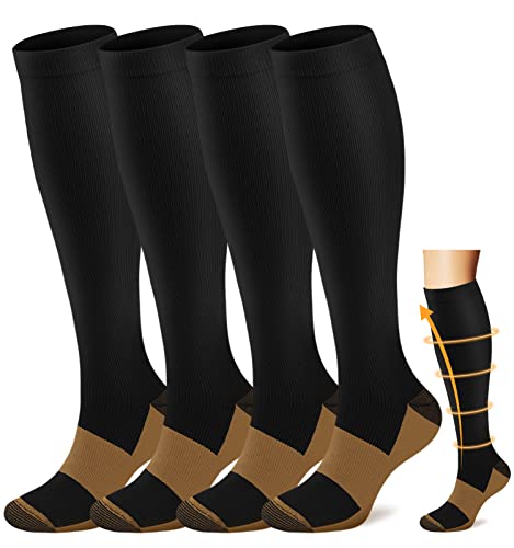 ACTINPUT Copper Compression Socks Men Women Circulation 4 Pairs-Best Support for Nurses,Running,Cycling (Black, Small/Medium)