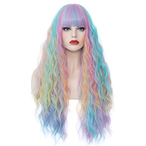 Cying Lin 28' Long Wavy Curly Wig Rainbow Wigs For Women Natural Cosplay Halloween Wigs Heat Resistant Fun Party Wig Include Wig Cap (Z#Rainbow, 28 inch)