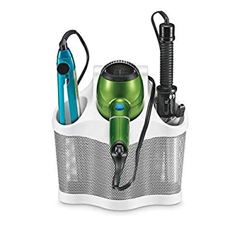 Polder Style Station, Organization for Styling Tools: Hair Dryers,Curling Irons, Straighteners, Brushes, Hang Over Towel Rack, Store Undersink or in Drawer, White and Silver