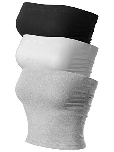 MixMatchy Women's Solid Casual Summer Side Shirring Scrunched Double Layered Tube Top 3PACK - Black/H.Grey/White L