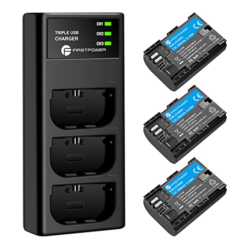 FirstPower LP-E6NH Battery 3-Pack and Triple Slot Charger Compatible with Canon EOS R R5 R6 R7 60D 70D 80D 90D 5D Mark II III IV 6D 6D II 7D 7D II Camera