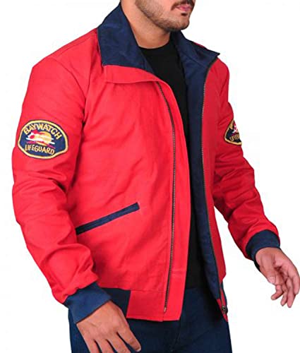 Men's Baywatch David Hasselhoff Lifeguard Beach Life Style Red Cotton Bomber Jacket. (M, RED)