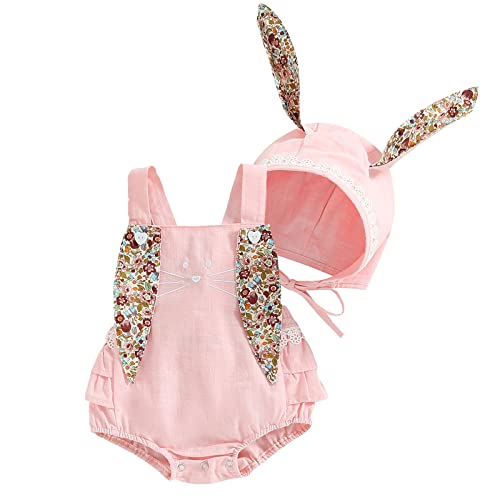 Baby Girl Easter Outfit Vintage Onesie Overalls and Bunny Ears/Toddler Dress Sister Mathing Clothes with Tail (Onesie Bunny Pink,0-3 Months)