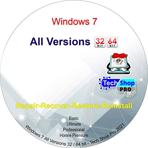 Tech-Shop-pro Reinstall DVD For Windows 7 All Versions 32/64 bit. Recover, Restore, Repair Boot Disc, and Install to Factory Default Fast and easy.