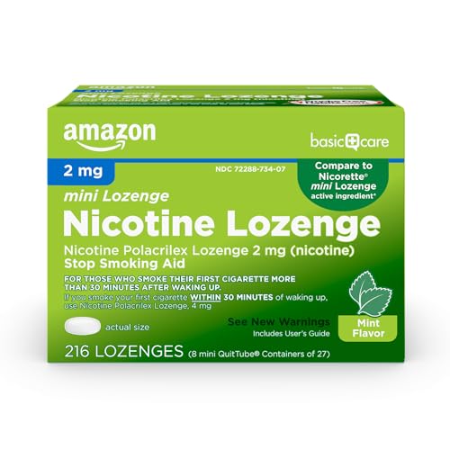 Amazon Basic Care Nicotine Polacrilex Mini Lozenge, 2 mg (Nicotine), Stop Smoking Aid, Mint Flavor, 216 Count
