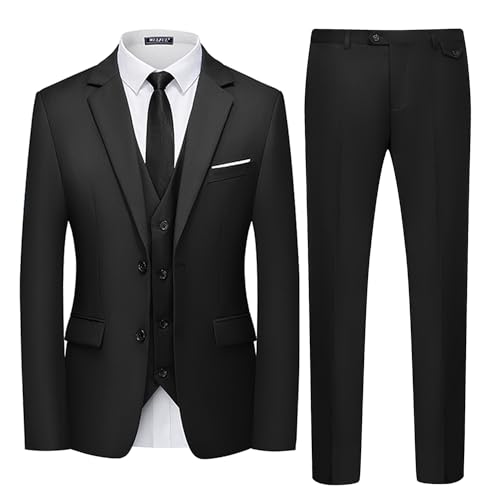 WULFUL Men's 3 Piece Slim Fit Suit Set Two Button Blazer Jacket Vest Pants Tuxedo Set for Party, Wedding and Business Black