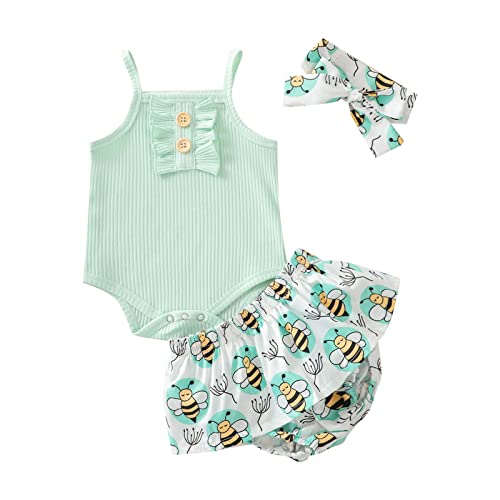 ZHICHUANG Kids Shorts Romper Dress Newborn Infant Baby Girls Green Strawberry Cartoon Pattern Set Sleeveless