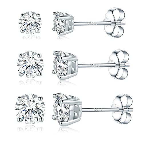 Moissanite Stud Earrings Set, S925 Sterling Silver Round Moissanite Diamond Stud Earrings Pack of 3 for Women Men 3-5mm