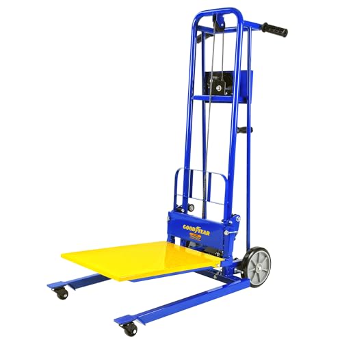 Goodyear Material Lift Winch Stacker, Pallet Truck Dolly, 330 Lbs 40' Max Lift w/ 8' Wheels, Swivel Casters [Patent Pending]