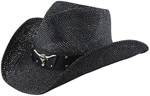 Black Straw Cowboy Hat for Men, Faux Leather, Longhorn, Shapeable Brim