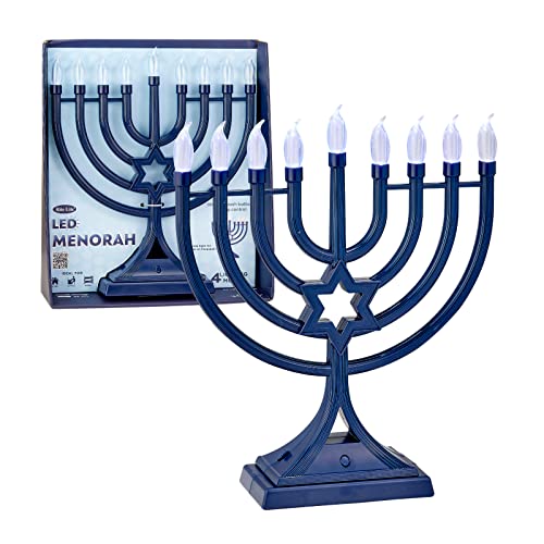 LED Electric Blue Hanukkah Menorah with Special Effects - Battery/USB Powered, Star of David, 4 Lighting/Blinking Bulbs