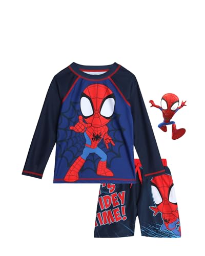 Marvel Avengers Boys’ Rash Guard Set – Spider-Man and Captain America – Kids’ UPF 50+ Swim Shirt and Trunks for Boys (3T-12), Size 3T, Navy Spidey Time