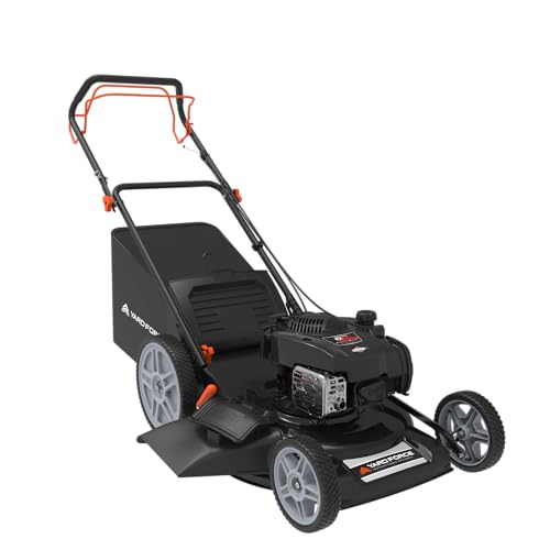 Yard Force Self Propelled Lawn Mower Briggs & Stratton 150cc Gas Engine 22-inch Steel Deck 3-in-1 Mulch, Bag, Side Discharge, 12-inch High Rear Wheels