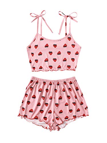 SweatyRocks Women's Summer Strawberry Print Cami Top and Shorts Sleepwear Pajamas Set Strawberry Pink XL
