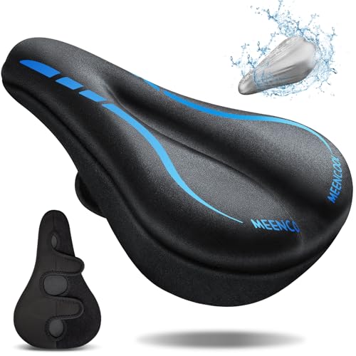 MEENCOOL Bike Seat Cushion - Gel Padded Bike Seat Cover for Men & Women Comfort, Adjustable Velcro Secure Bicycle Seat Cushion Compatible with Peloton, Indoor & Outdoor Bicycle Seat(11'x7'，Blue)