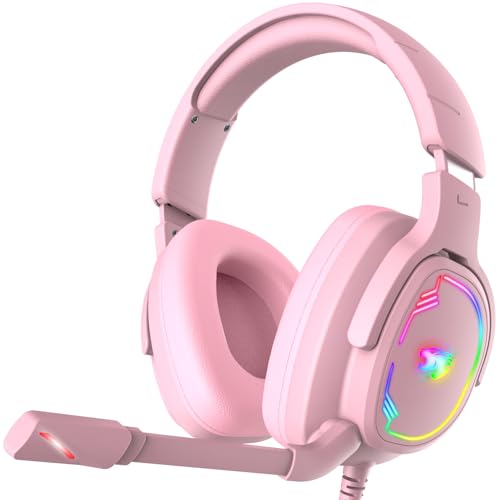 Jimonyer Gaming Headset for PC/PS5/PS4/Xbox One/Switch, Stereo Surround Sound Gaming Headphones with Noise Canceling Flexible Mic, Computer Headset with 3.5mm Jack & RGB Light (Pink)