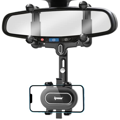 IPOW Large Rearview Mirror Phone Holder for Car 360°Rotatable and Retractable, 2023 Upgraded Four Corners Fixed Anti-Shake Multifunctional Design for All Phones and All Car Rearview Mirror with Button