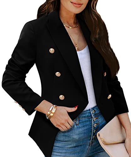 CRAZY GRID Womens Double Breasted Blazer Jackets Open Front Business Casual Suit Jacket Long Sleeve Dressy Blazer Lapel Gold Button Ladies Work Office Blazer Black Large