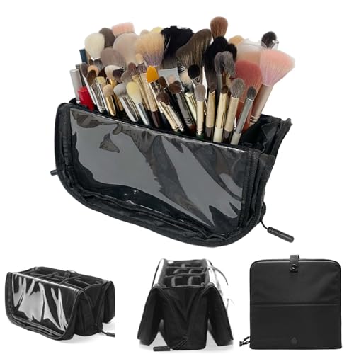 Travel Makeup Brush Organizer Bag, Stand-up Makeup Brush Bag Makeup Brush Holder with Adjustable Dividers, Makeup Artist Bag Stand Portable Foldable Professional Artist Storage Bag Gift(Only Bag)