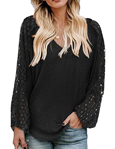 Beyove Ladies Tops Lace Puff Sleeve Casual Loose Blouses T Shirts Solid Top Pullover Shirts Blouse Black Medium