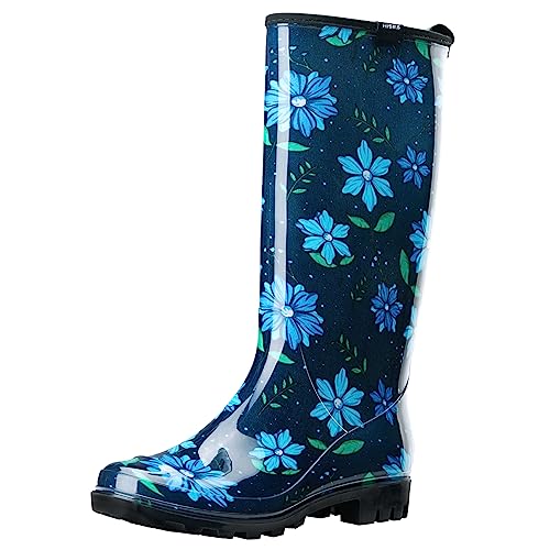 HISEA Women's Rain Boots Waterproof Garden Shoes Colorful Printed Knee High Rubber Boots Anti-Slipping Rainboots for Ladies with Comfort Insole Tall Wellington Rain Shoes, Size 9 Blue Flower