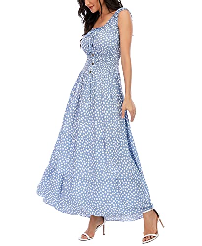 OSTOO Women's 2024 Summer Boho Floral Print Tiered Casual Flowy Long Maxi Dress(Blue,M)