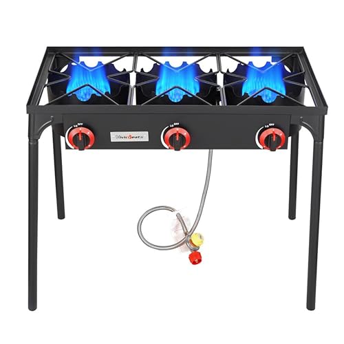 Vivicreate 3 Burner High pressure Propane Stove, 28 Inch Tall Camping Stove with cast iron burner 105000 BTU power, Stable Legs for Outdoor Use