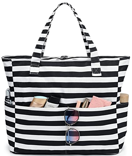 LEDAOU Beach Bag Waterproof Sandproof Women Tote Bag Pool Bag with Zipper for Gym Grocery Travel with Wet Pocket (Black White Stripe)