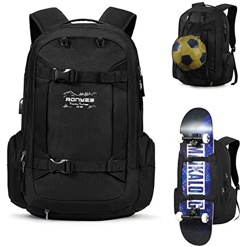 Ronyes Skateboard Backpack 17.3 Inch Laptop Backpack With Usb Charging Port Multi-Function Basketball Soccer Longboard Backpacks Casual Daypack For Sports Travel Hiking College（Black）