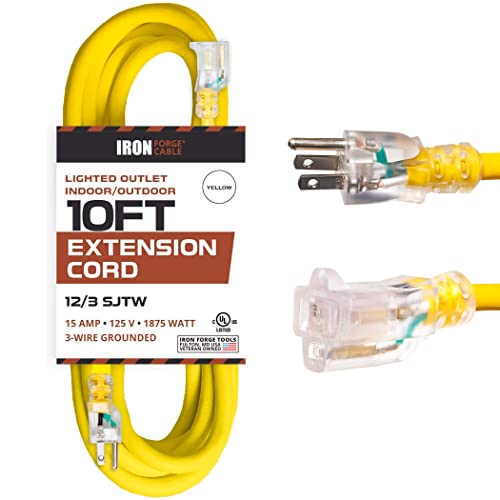 Iron Forge Cable 10 Foot Lighted Outdoor Extension Cord - 12/3 SJTW Heavy Duty Yellow Extension Cable with 3 Prong Grounded Plug for Safety, 15 AMP - Great for Garden and Major Appliances