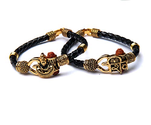 Wonder Care Shiv Bracelet Cuff Kada for men| Lord Shiva Bahubali Brass Bracelet for men| Religious Brass Shiv kada | Free size Bracelet For Mahashivratri | Mahadev Bracelet With embedded Rudraksha bead Pack of 2
