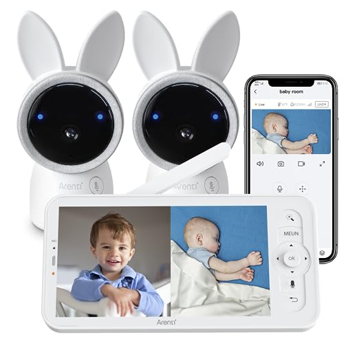 ARENTI Split-Screen Video Baby Monitor, Audio Monitor with Two 2K UHD WiFi Cameras,5' Color 720P Display,Night Vision,Cry Detection,Motion Detection,Temp&Humidity Sensor,Two Way Talk,App Control
