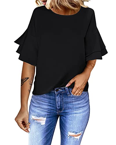 luvamia Women's Black Casual 3/4 Tiered Bell Sleeve Crewneck Loose Tops Blouses Shirt Size L