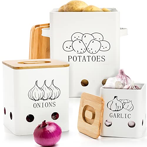 WUWEOT 3 Pack Vegetable Storage Tins, Metal Onion Garlic Potato Jars Set, Kitchen Canisters Vegetable Keeper Containers with Aerating Holes and Wooden Lid