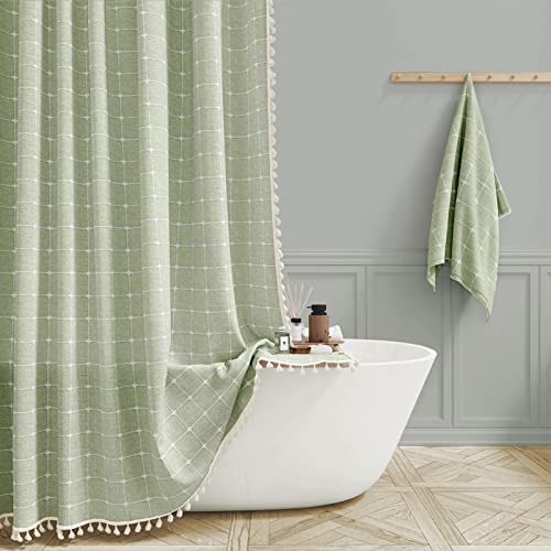 BTTN Boho Farmhouse Shower Curtain, Linen Rustic Heavy Duty Fabric Shower Curtain Set with Tassel, Water Repellent, Bohemian Vintage Country Thick Cloth Shower Curtains for Bathroom, Sage Green, 72x72