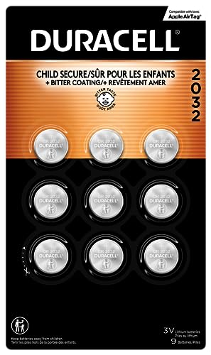 Duracell 2032 Lithium Battery. 9 Count Pack. Child Safety Features. Compatible with Apple AirTag, Key Fob, and Other Devices. CR2032 Lithium 3V Cell. 2032 Battery, Lithium Coin Battery
