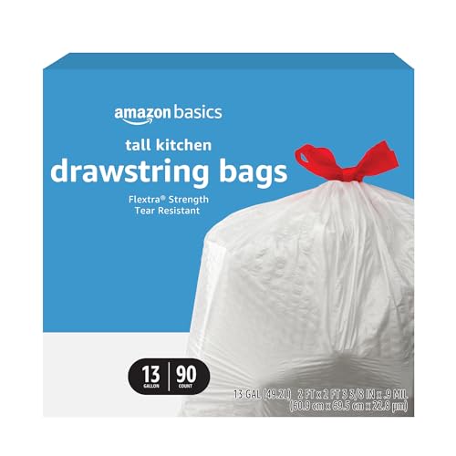 Amazon Basics Flextra Tall Kitchen Drawstring Trash Bags, Unscented, 13 Gallon, 90 Count