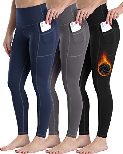 CHRLEISURE Fleece Lined Winter Leggings Women, High Waisted Thermal Warm Workout Yoga Pants with Pockets(Black,DGray,Navy, L)