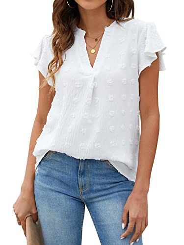 Blooming Jelly Womens White Blouse V Neck Ruffle Sleeve Flowy Shirts Dressy Casual Cute Summer Tops(Large, White)