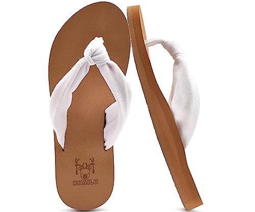 KuaiLu Flip Flops for Women with Arch Support Yoga Mat Comfortable Summer Beach Walking Thong Cushion Sandals Slip On Indoor Outdoor White Khaki Size 9