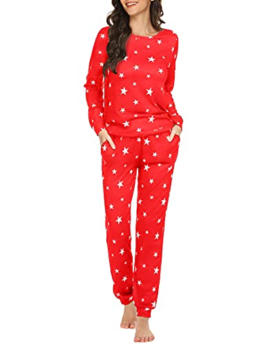 Ekouaer Womens Star Printed Pajamas Set Long Sleeve Tops with Pants Lounge Set Christmas Casual Two-Piece Sleepwear A-red White Star Medium