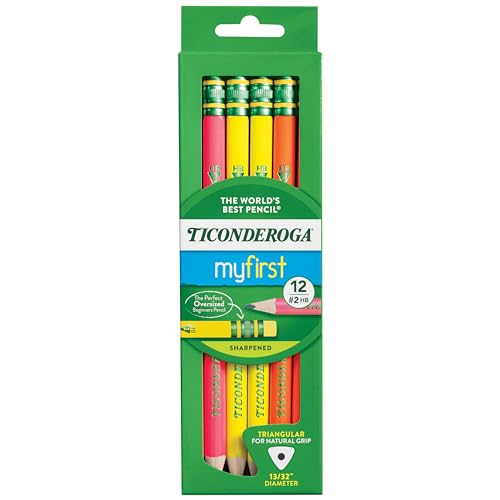 Ticonderoga My First Tri-Write Wood-Cased Pencils, Pre-Sharpened, 2 HB, With Erasers, Neon Colors, 12 Count