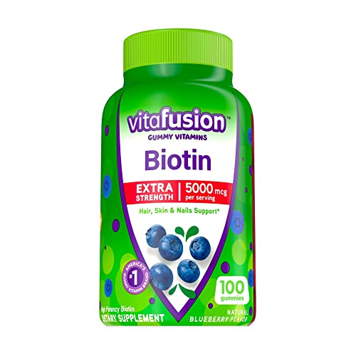 vitafusion Extra Strength Biotin Gummy Vitamins, Berry Flavored, 5,000 mcg Biotin Vitamins, America’s Number 1 Gummy Vitamin Brand, 50 Day Supply, 100 Count (Packaging may vary)