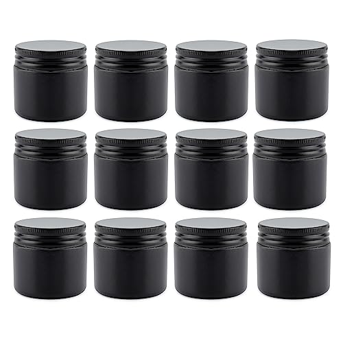 Cornucopia 2-Ounce Black Coated Glass Jars (12-Pack); Cosmetic Jars with Black Metal Lids and Black Matte Exterior